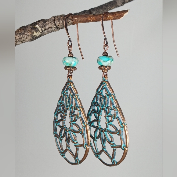 HAND CRAFTED Copper Turquoise Jasper Dream Catcher Dangle Drop Earrings - Picture 3 of 6